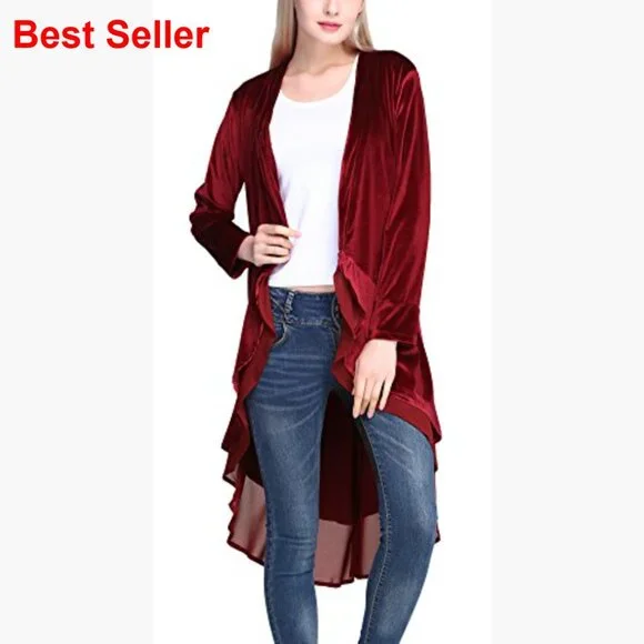 Long Sleeve Velvet Cardigan Coat with Asymmetric Chiffon Hem - Picture 4 of 6